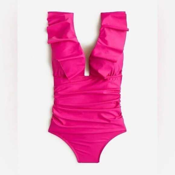 J Crew Womens Size 14 Ruched Ruffle One-Piece Swimsuit Radiant Fuchsia $118 2759